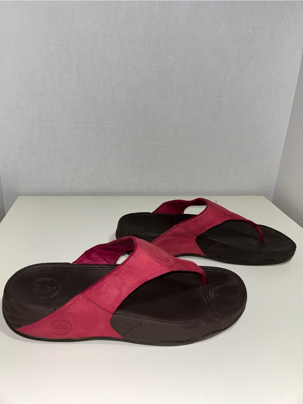 Fitflop Lulu Red Leather Slip On Toe Post Flip Flop Wedge Sandal